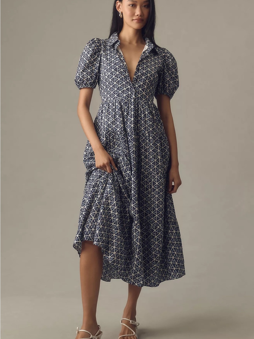 Anthropologie English Factory Puff-Sleeve Tiered Midi Shirt Dress - size L